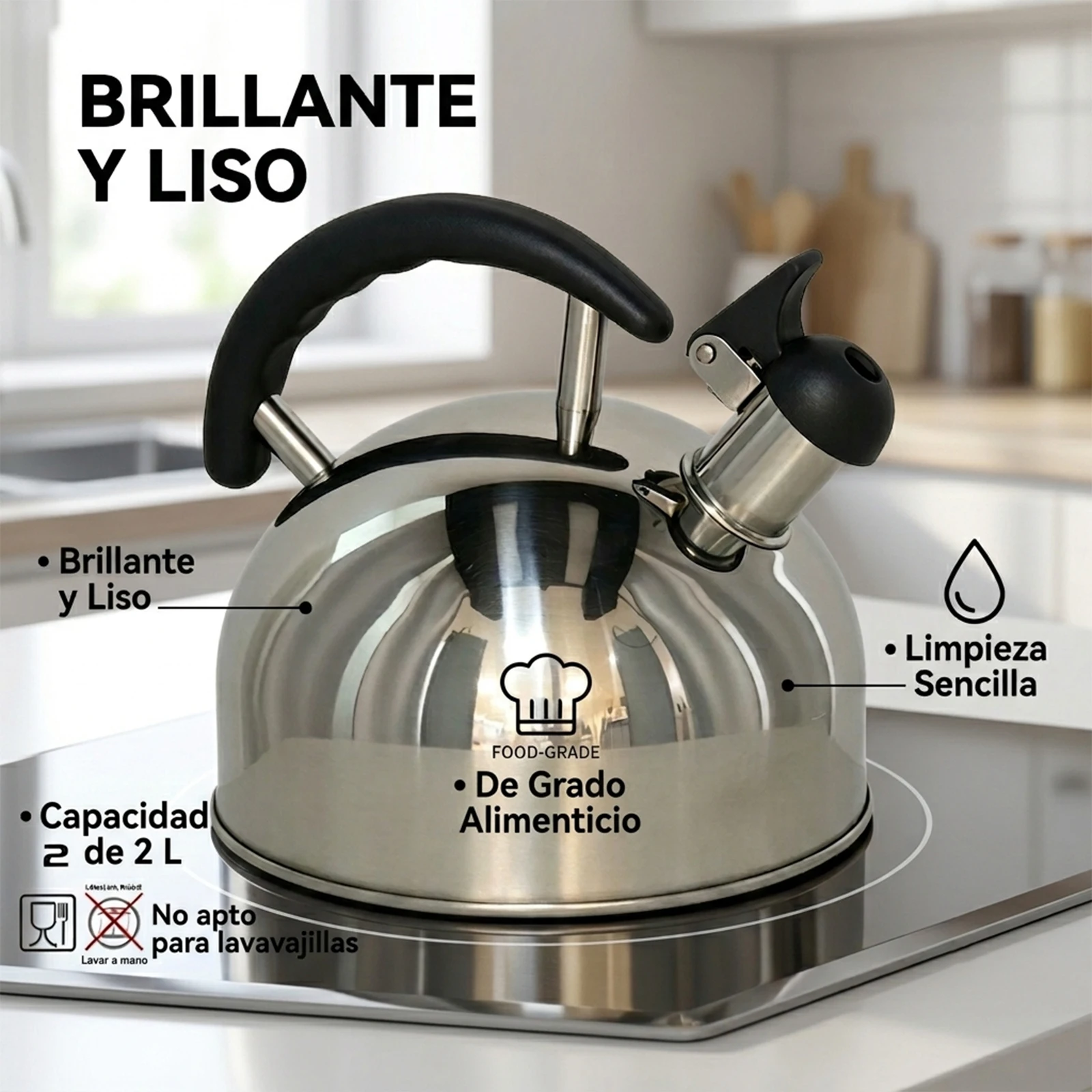 Bouilloire en acier inoxydable de qualité alimentaire de 2 litres avec sifflet d'avertissement de chauffe, poignée thermique antidérapante sans risque de brûlure, compatible avec les plaques à gaz, vitrocéramiques et à induction, bec ergonomique pour un versement sûr, cuisson à l'eau bouillante