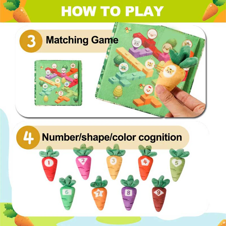 Montessori Carrot Pull Toddlers Toy, Numbers Colors Motor Skills Early Learning, Soft Washable Fabric, 0-3 Years Birthday Gift