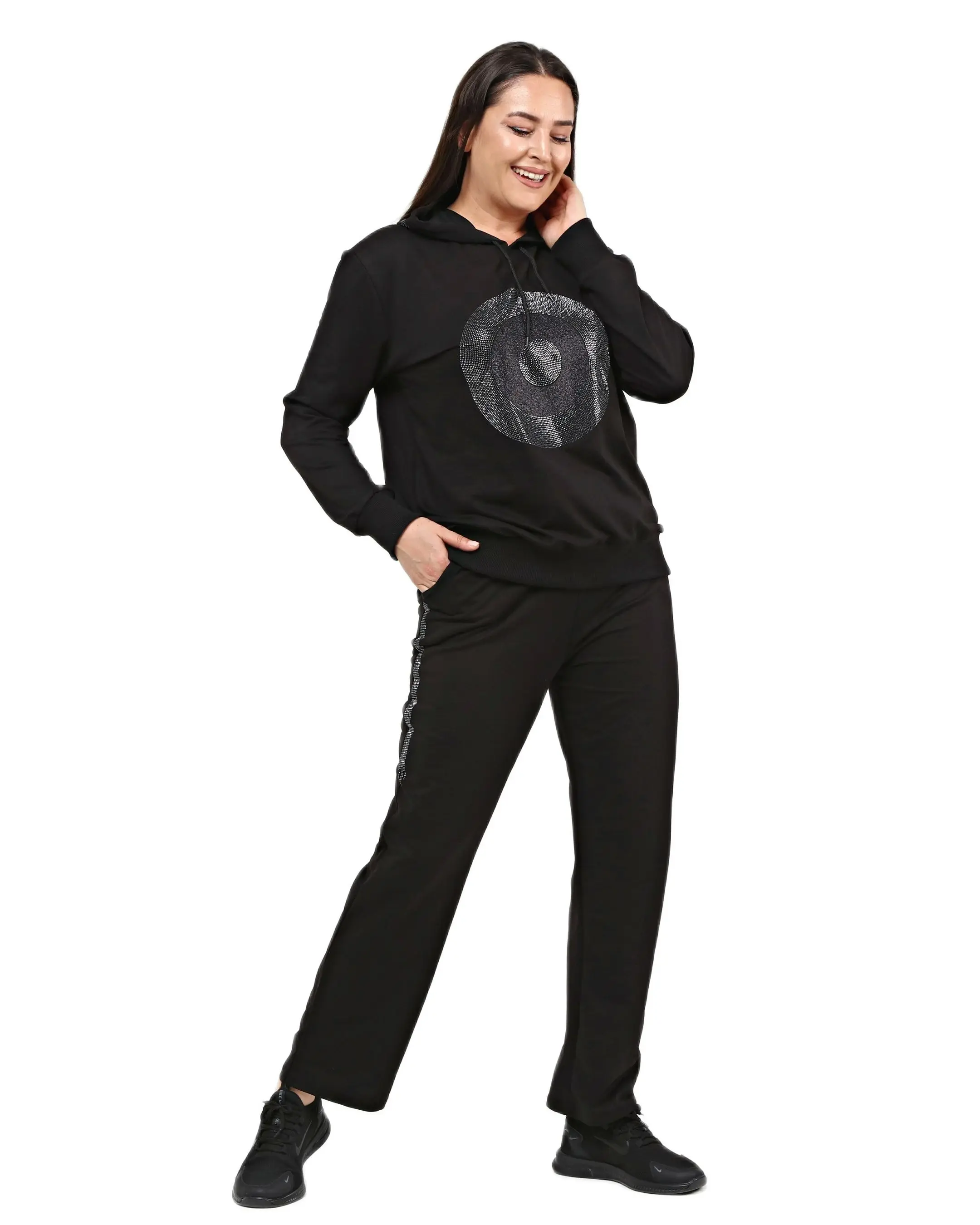 Women’s Plus Size Black Sweatsuit Set 2 Piece Circle Stone Print Tracksuit, Designed and Made in Turkey, New Arrival