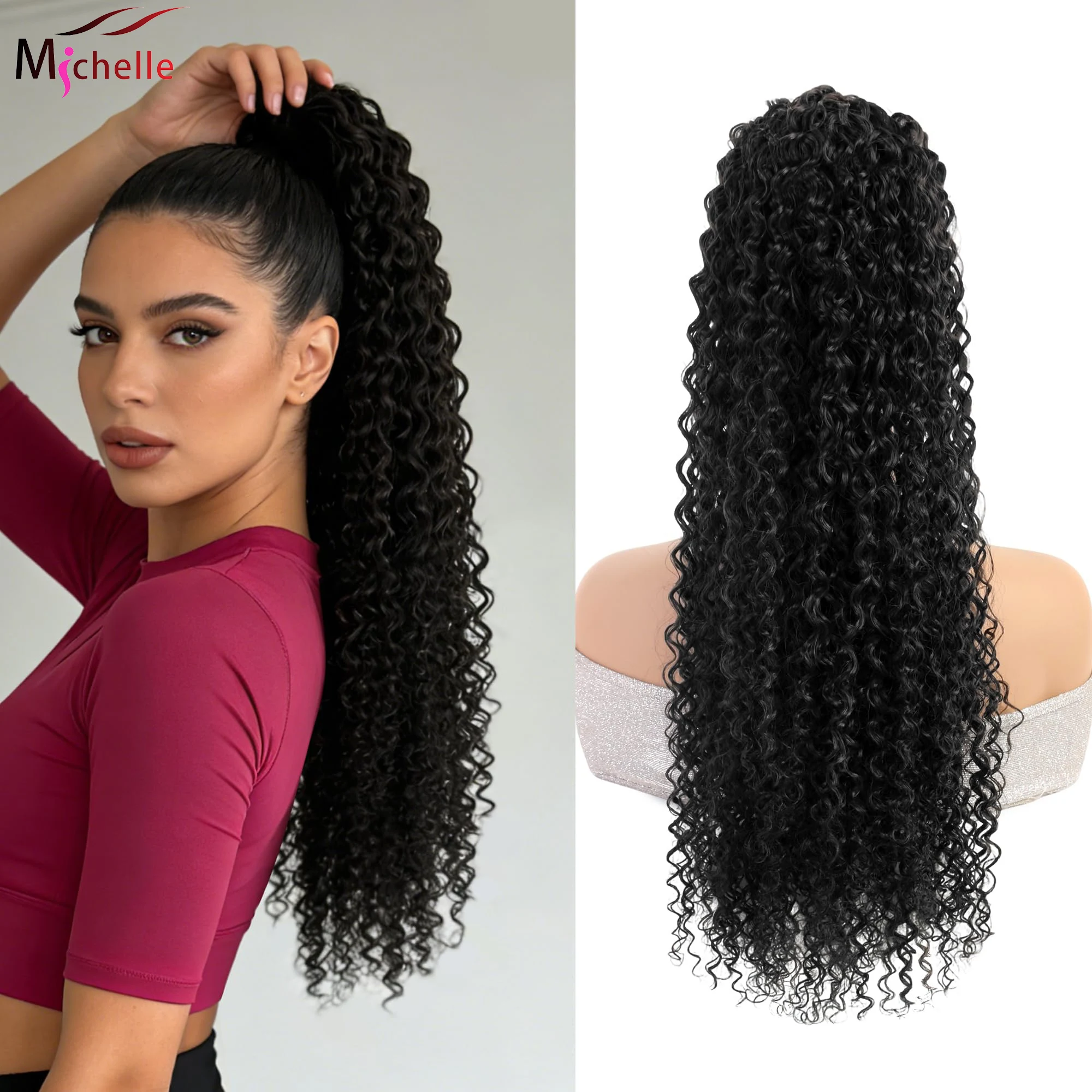 Deep Water Wave Ponytail 100% Brazilian Human Hair Wrap Around Drawstring Ponytail Clip Ins Natural Black Color Curly Ponytails