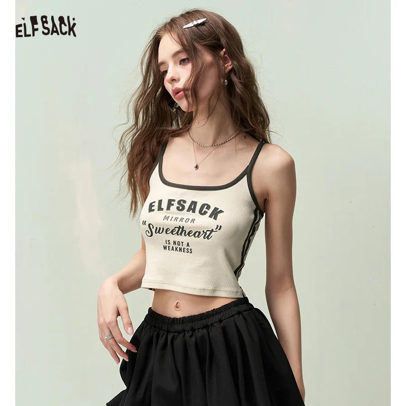 ELFSACK Contrast Trim Cami Top with Lace & Embroidery Patch, Y2K Sleeveless Vest, Casual Tanks for Women