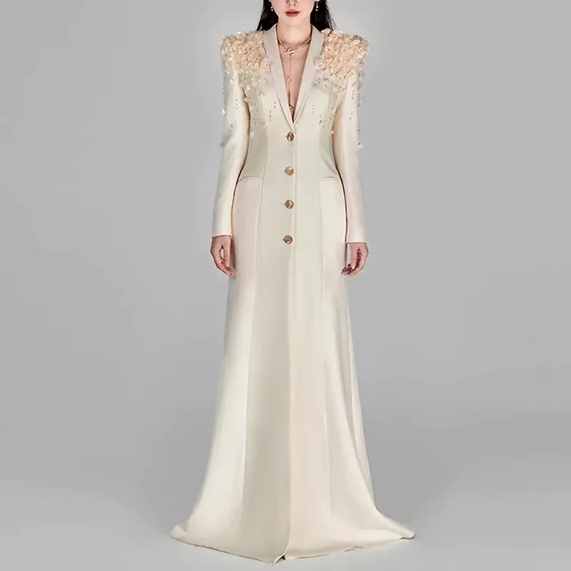 

In stock 2025 new star fashion heavy industry nail bead three-dimensional flower green fruit collar dress formal dress long dres