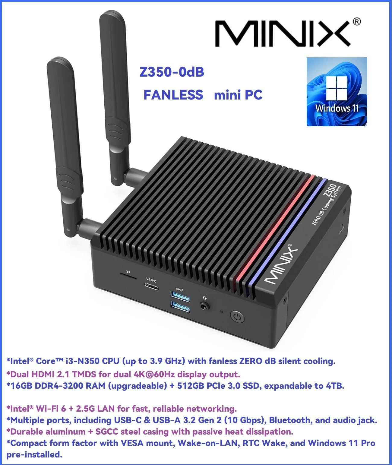 MINIX Z350-0dB Silent Mini PC i3-N350 16GB RAM 512GB SSD | Dual 4K HDMI, 2.5G LAN, WiFi6 | Windows 11 Pro Fanless Micro Desktop