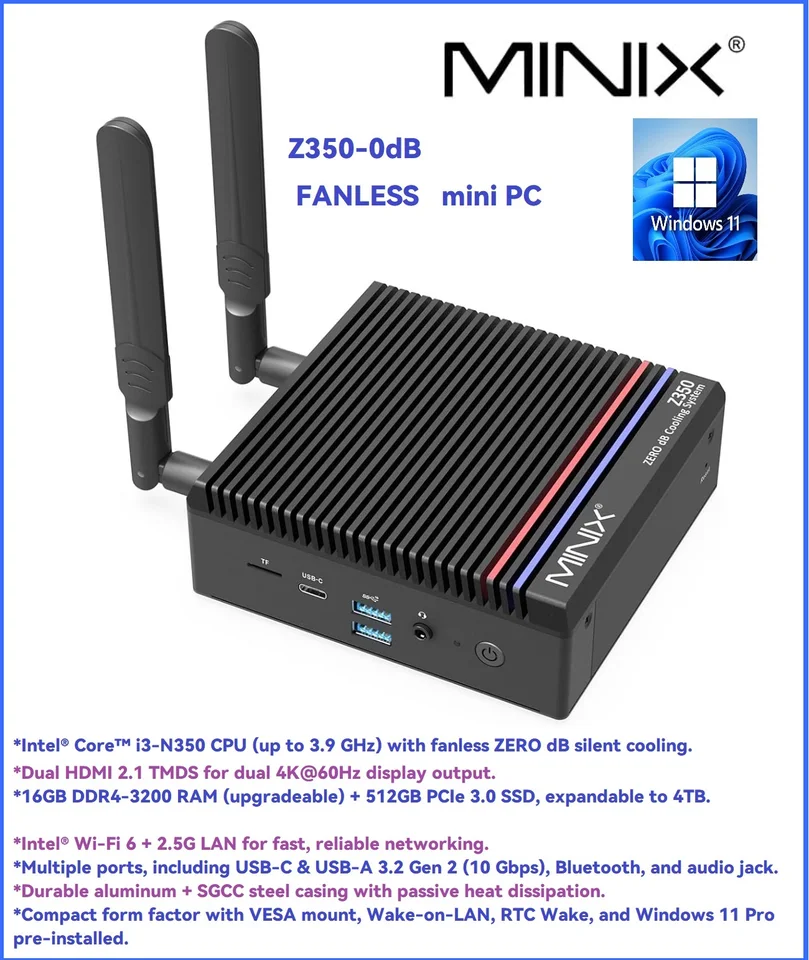 MINIX Z350-0dB Silent Mini PC i3-N350 16GB RAM 512GB SSD | Dual 4K