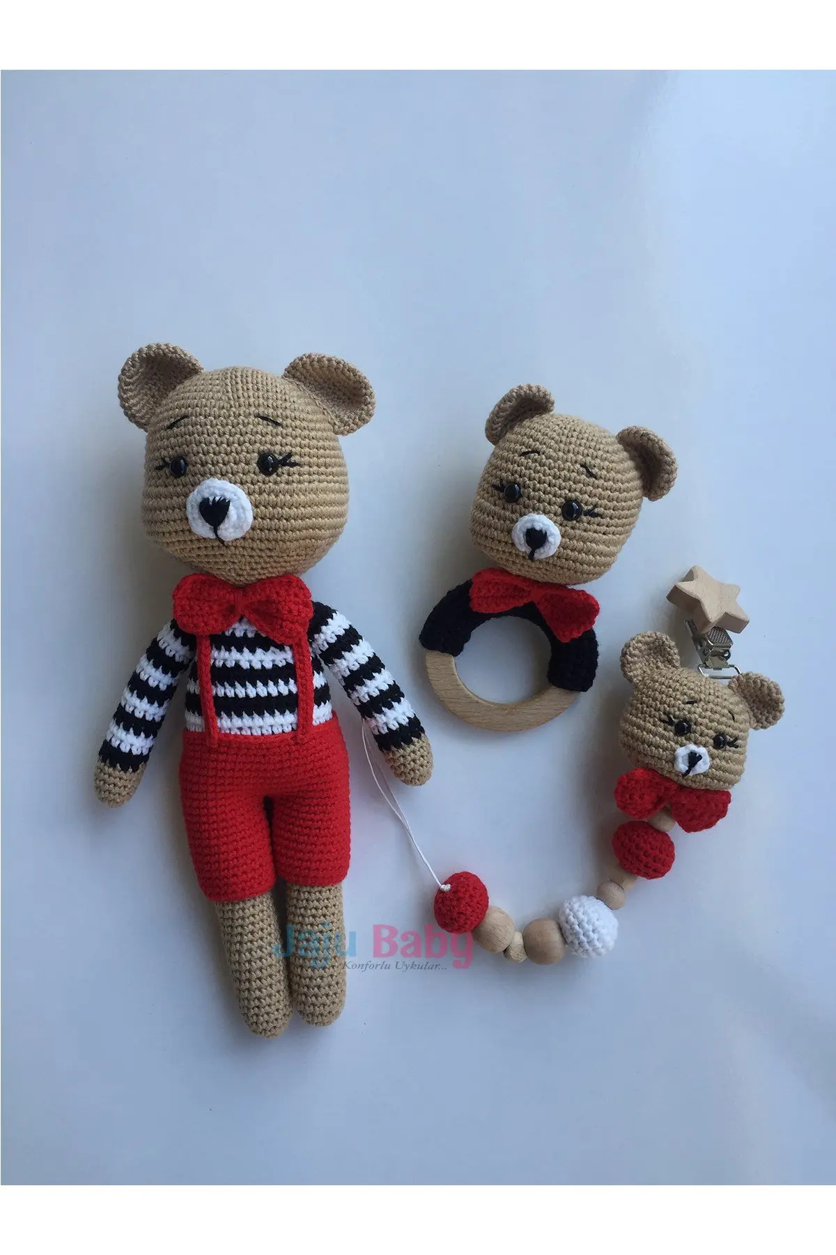 Handmade Amigurumi Red Teddy Bear 29 cm Rattle and Pacifier Chain Triple Set