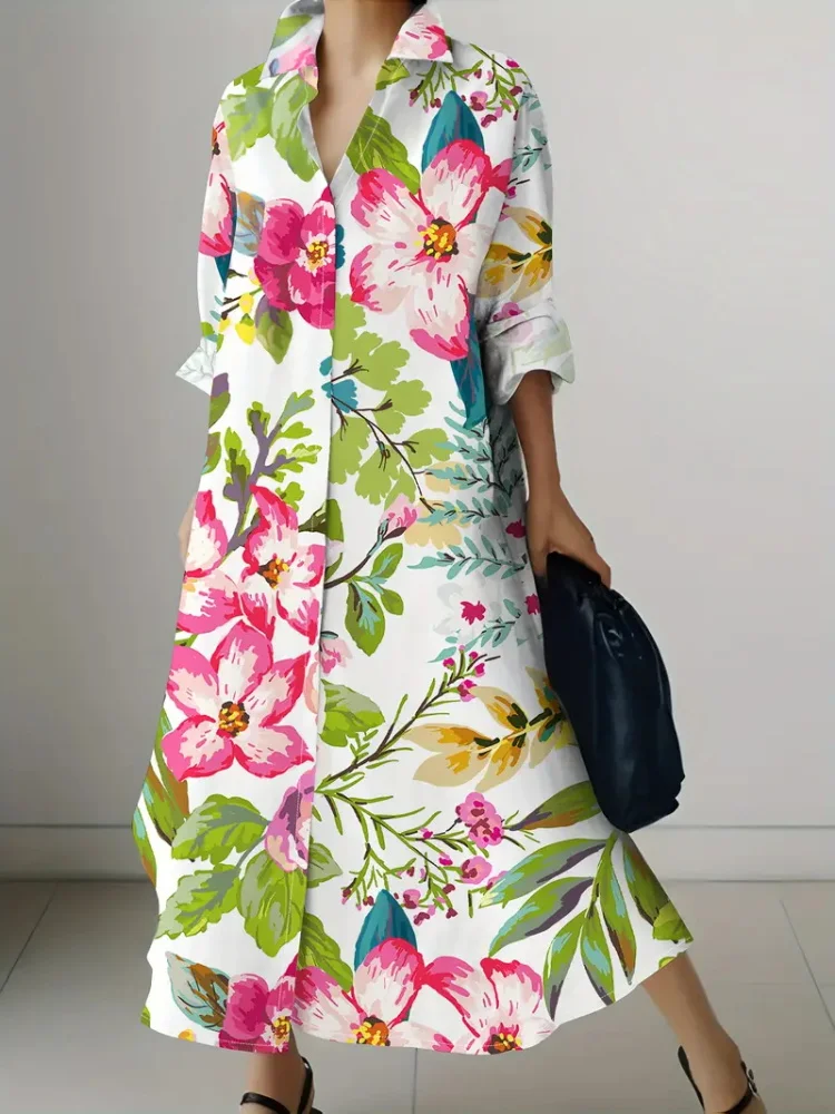 

Fresh Flower Print Shirt Dress, Elegant Summer And Autumn Long-sleeved Lapel Dress, Street Fashion Temperament Mid-calf Dress