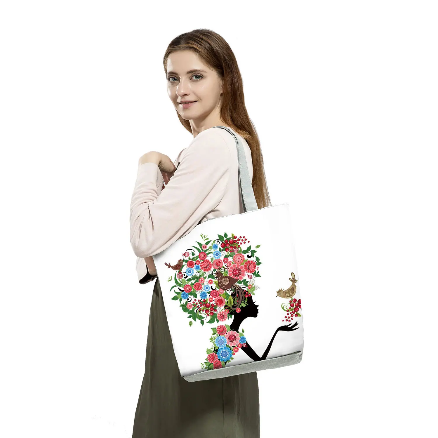 Bolsos de compras florales para mujer, bolsos de mano con estampado de dibujos animados, reutilizables, con patrón personalizado, informales