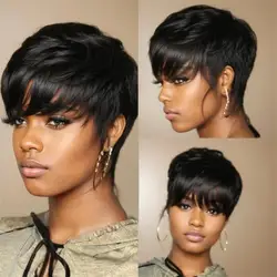 Short Human Hair Wigs Pixie Cut Straight perruque bresillienne for Black Women Machine Made Wigs With Bangs  Wig