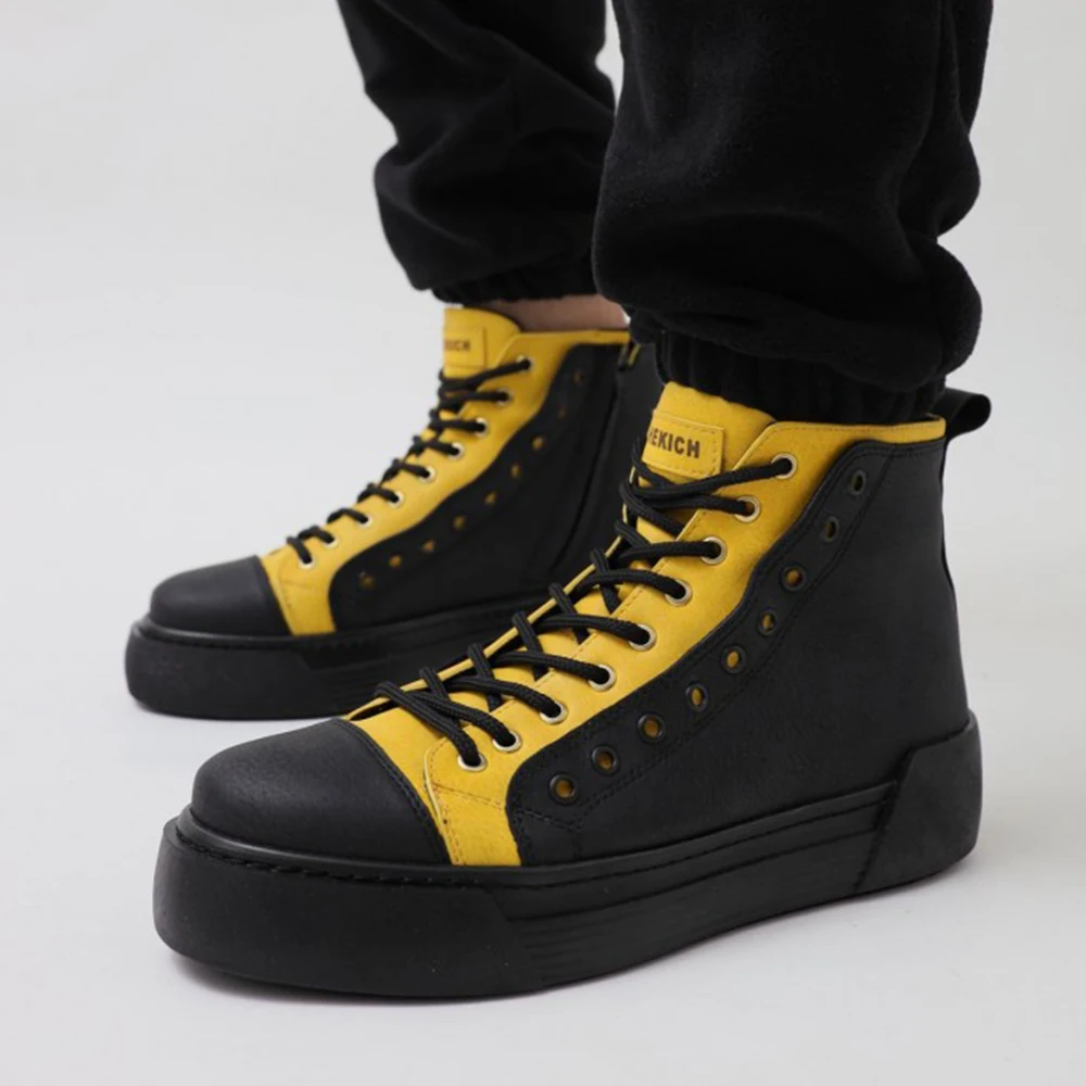 CFN Store Men Boots Shoes Black Yellow Artificial Leather Lace Up Sneakers 2023 Comfortable Flexible Fashion Wedding Orthopedic Walking Sport Lightweight Odorless Running Breathable Hot Sale Air New Brand Boots 167