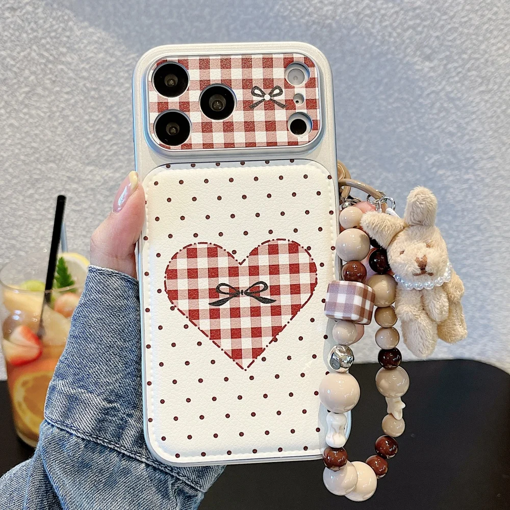 

Polka-dot love plaid bow phone case for iPhone 17 16 ProMax 14 15 Pro fundas Korean INS fashion new shock-proof protective cover