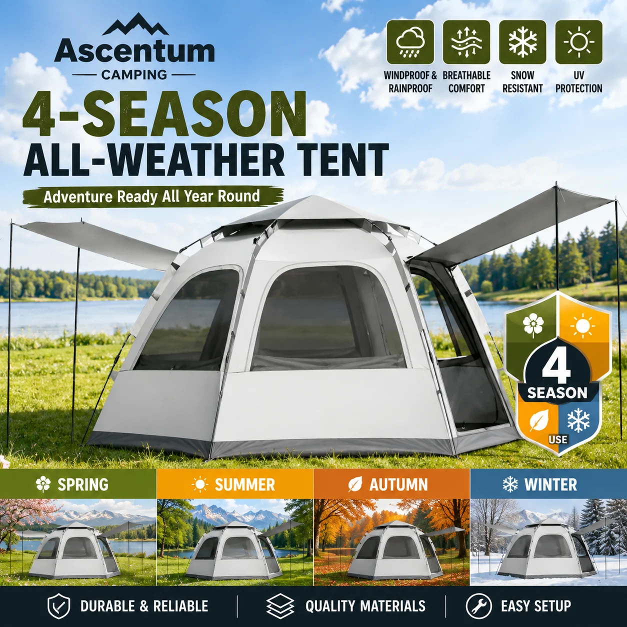 Ascentum camping Pop-Up Camping Tent, Instant Setup Windproof Tent – Lightweight and Portable, with Double Door and Four Windows, offering