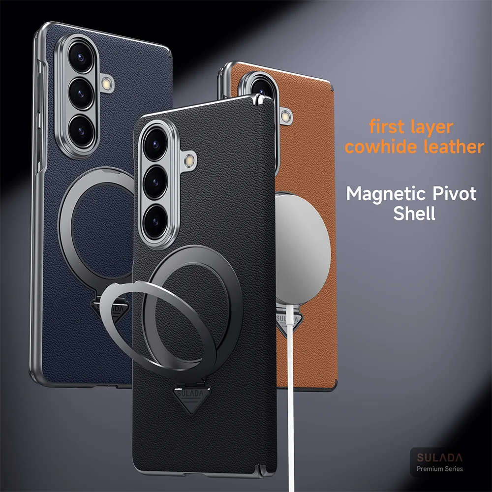 

For Samsung Galaxy Z Fold 7 Case Genuine Cowhide Leather Protective Cover Magnetic Wireless Charing Case with Phone Holder