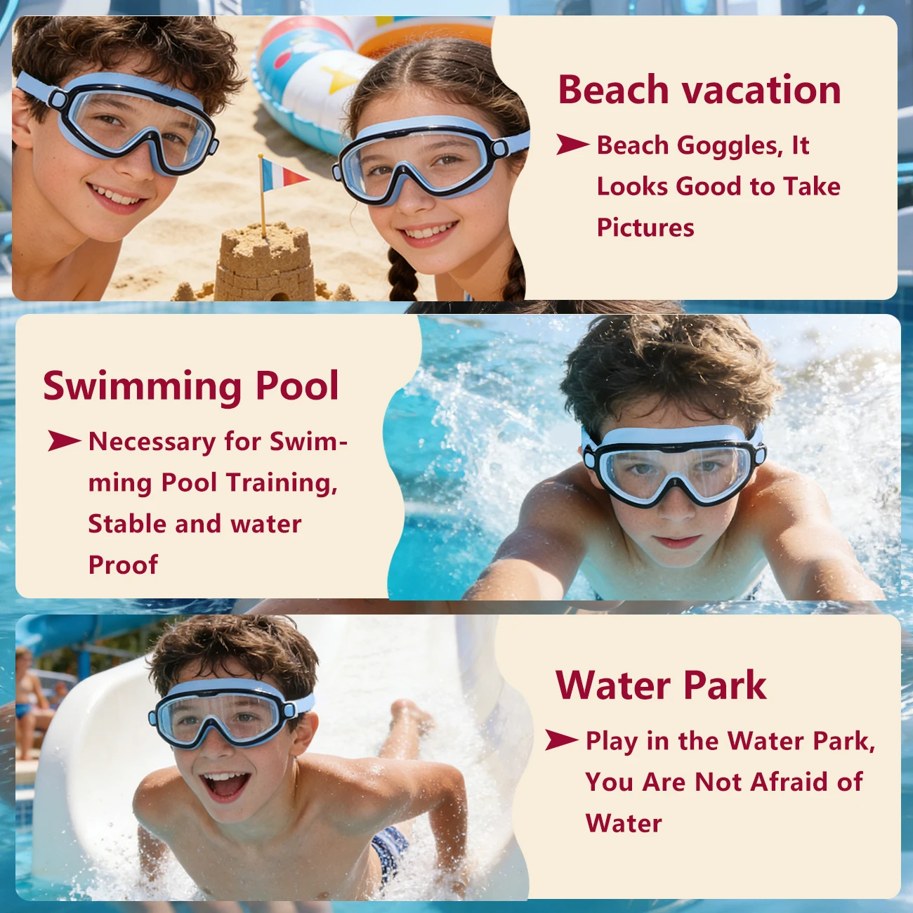 1PC Children's Large Frame Waterproof and Anti Fog Swimming Goggles,2026 Summer Wide View Swimming Goggles for Kids Boys Girls view 3