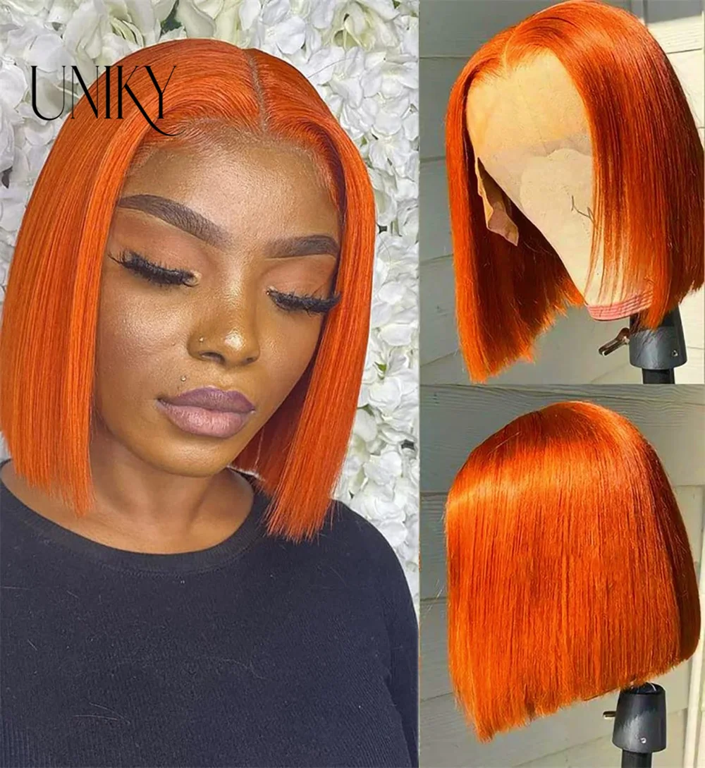 

350 Ginger Orange Short Straight Bob Wigs 13x4 Transparent Lace Frontal Wig Peruvian Remy Human Hair Colored Lace Front Bob Wig