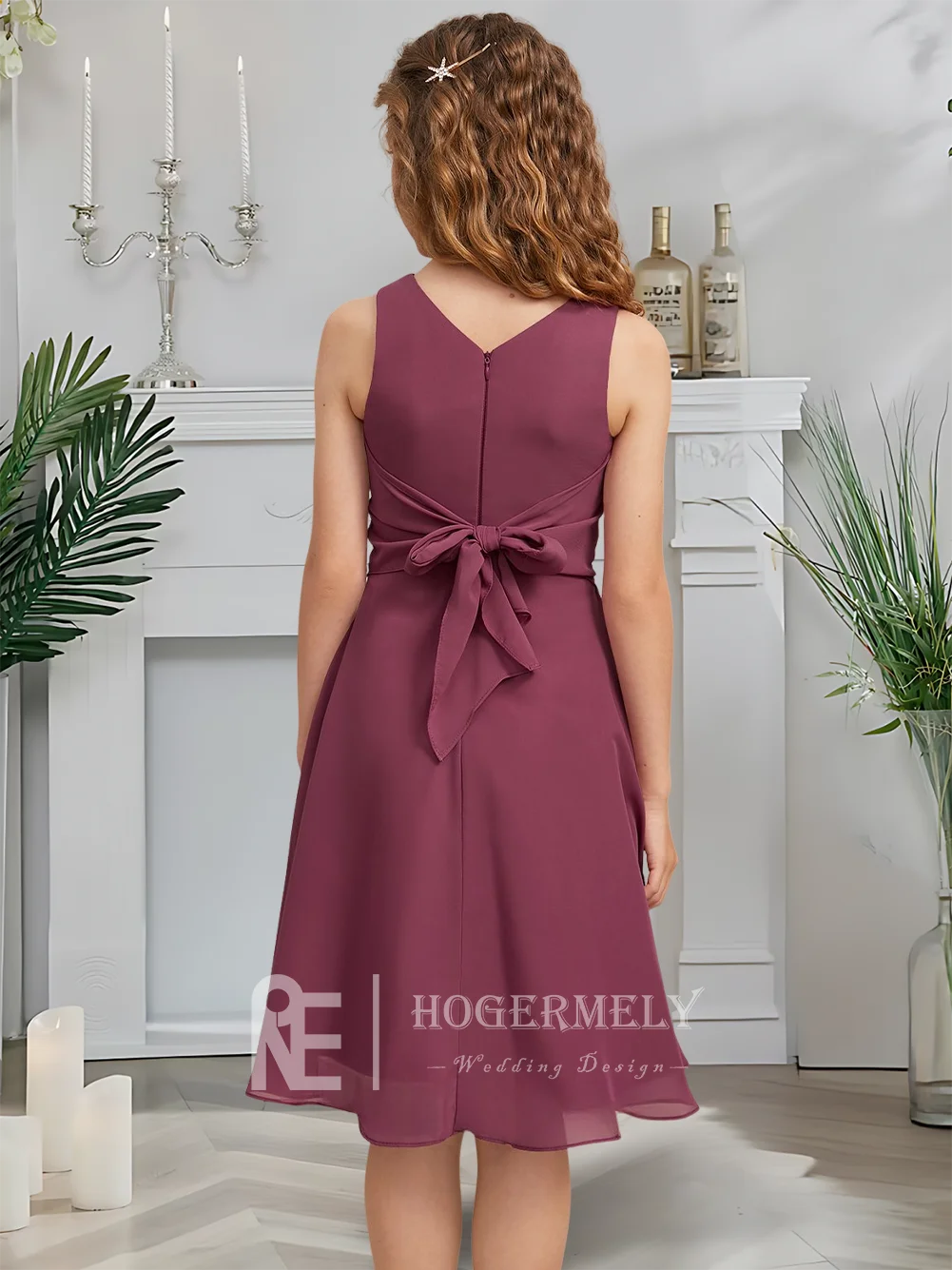 thereal A-Line Junior Bridesmaid Dress Mulberry Mist Flower Girl Dress Scoop Knee-Length Chiffon Garden Gala Wedding Party Gown
