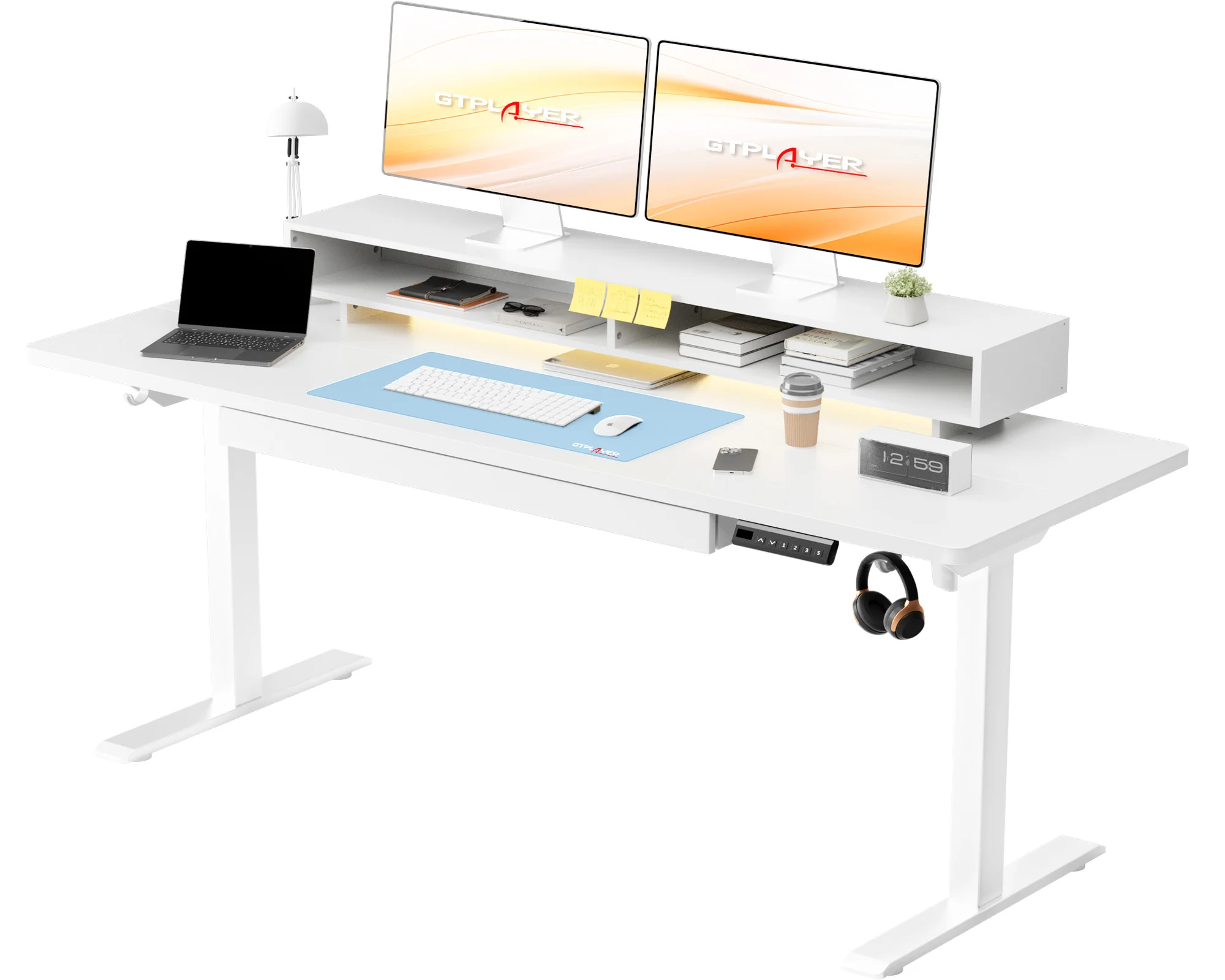 GTPLAYER Höhenverstellbarer Schreibtisch Elektrischer, 120x60cm Schreibtisch Schubladen und Monitorständer, Ideal für Büro