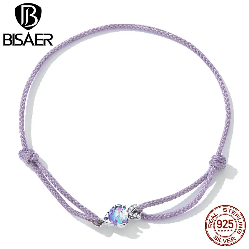 BISAER New 925 Sterling Silver Funny Fish Bracelet Purple Chain Adjustable Hand Rope for Women Fine All-match Jewelry Gift