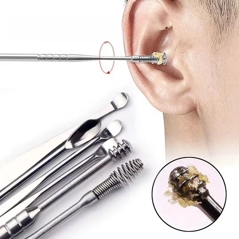Ensemble d'outils d'élimination du cérumen en acier inoxydable, cuillère de cueillette d'oreille rotative en spirale pour le nettoyage et la collecte de la cire d'oreille 6 pièces