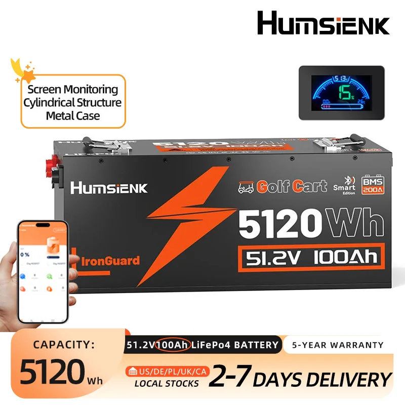 Humsienk LiFePO4 Battery 48V 100Ah Specialize in Golf Cart 200A BMS 5120Wh With Bluetooth/Cylindrical Structure/Heat Dissipation