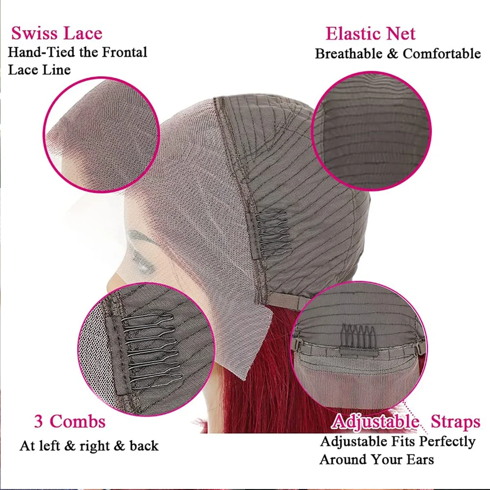 Peluca Bob corto 13X4 recta 99J encaje transparente 13x4 peluca Bob frontal 100% pelucas de cabello humano 99J pelucas Borgoña de colores brasileños