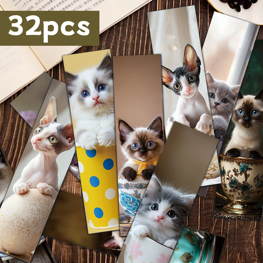 32 Stück, Teetasse-Katzen-Lesezeichen, Schulanfangssaison, Weihnachten, Halloween, geeignet für Lehrer, Leser und Geburtstagsgeschenke.