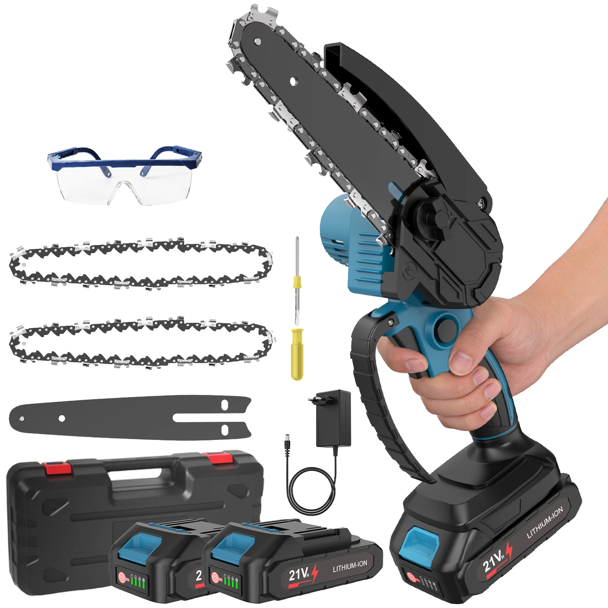 Mini motosega da 6 pollici, 2 batterie da 21 V, motosega elettrica a batteria, sistema di lubrificazione automatica per facilitare la potatura, attrezzi da giardino, ricaricabile.