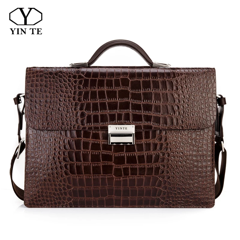 

YINTE Leather Briefcase Split Cow Leather Crocodile Pattern Tote Messenger Shoulder Portfolio Laptop Bag Case Office Handbag