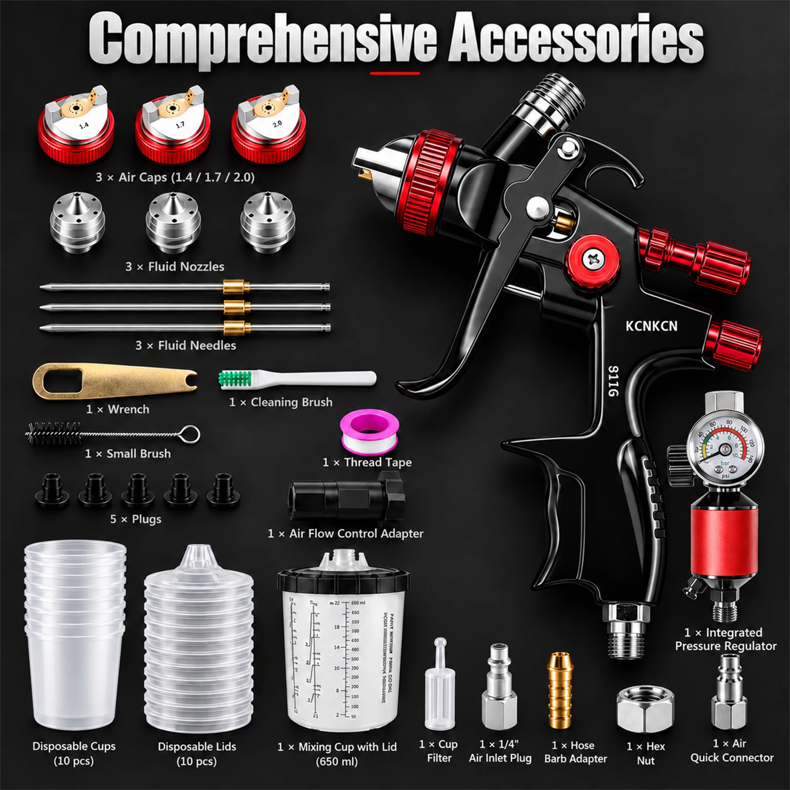 HVLP 819C Spray Guns Kit 1.4/1.7/2.0mm Nozzles 10 x 650ml Disposable Cups Airbrush Air Gauge Filter Car Automotive Furniture