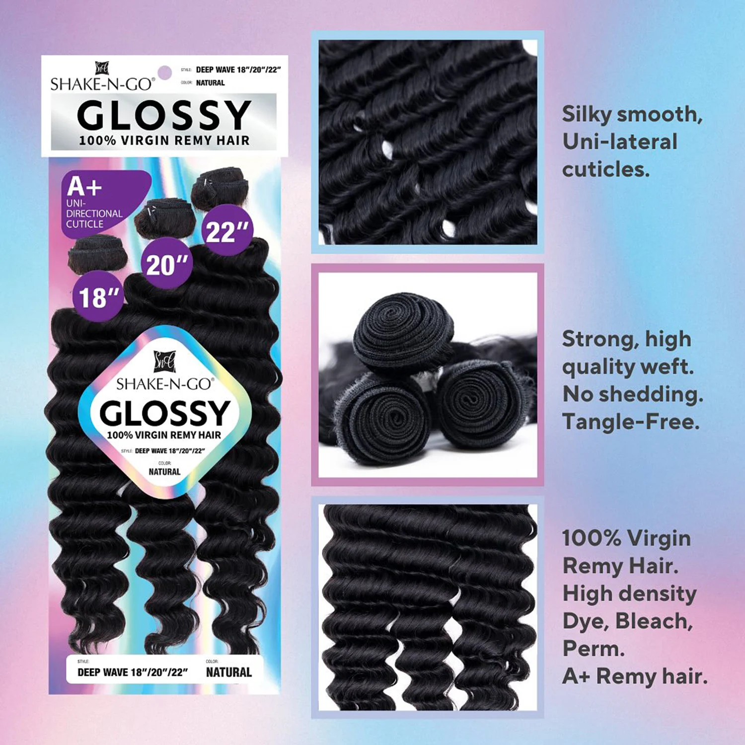 Shake-N-Go Glossy Virgin Remy Hair Weave 3 Bundles Deep Wave – Natural Shine, Full Volume, Soft Texture, Easy Styling