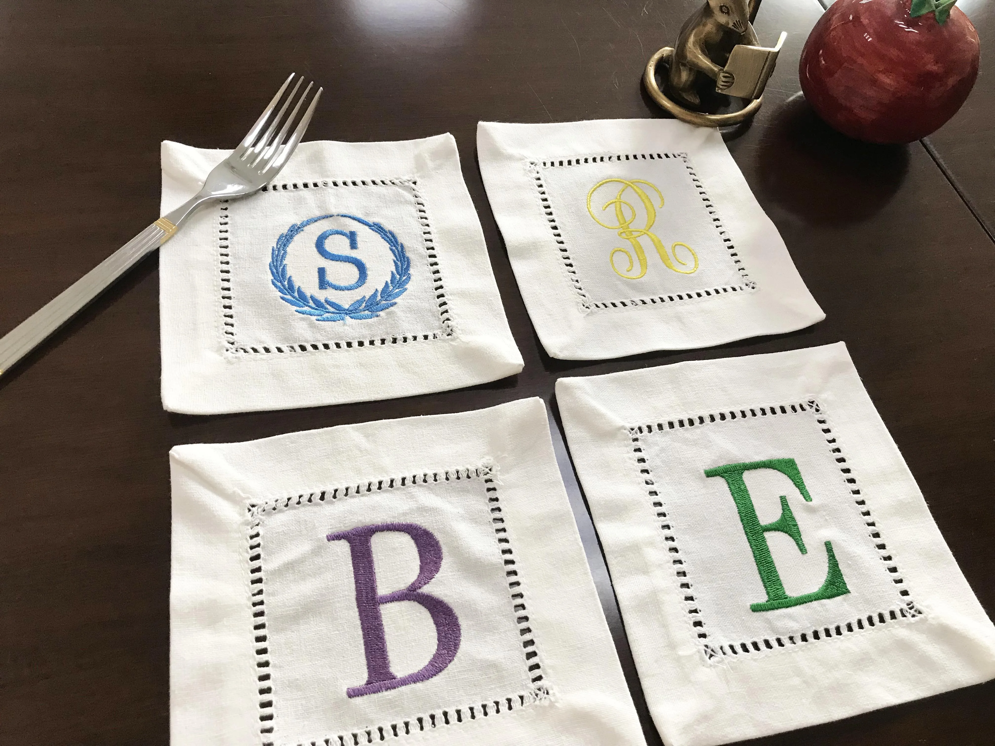 Victorian Monogram Embroidered Cocktail Napkin,Hemstitch Napkin,Customized Napkin, Personalized Wedding, Table Decoration