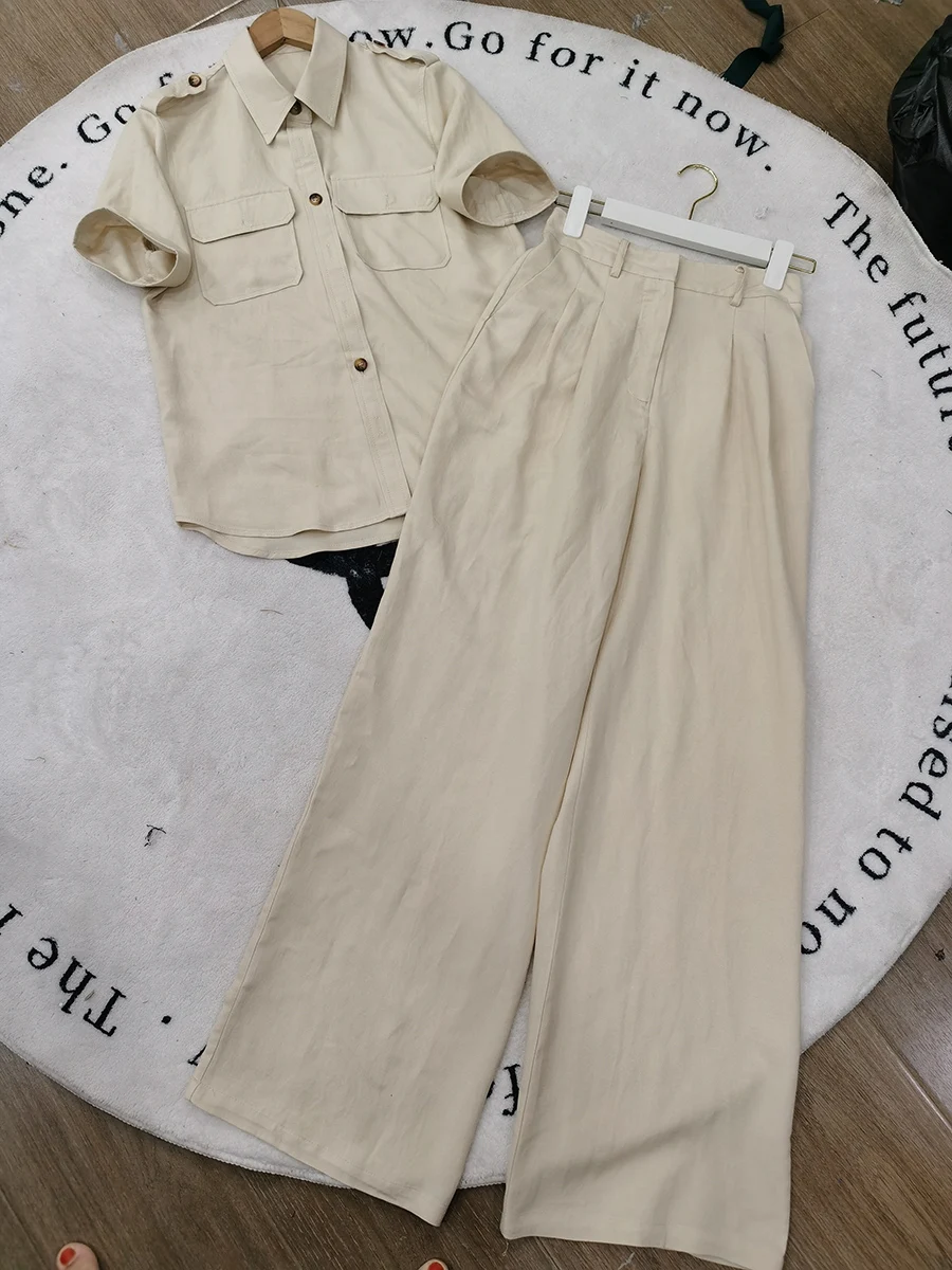 Minimal business lady summer women's solid color 100% linen pant suit