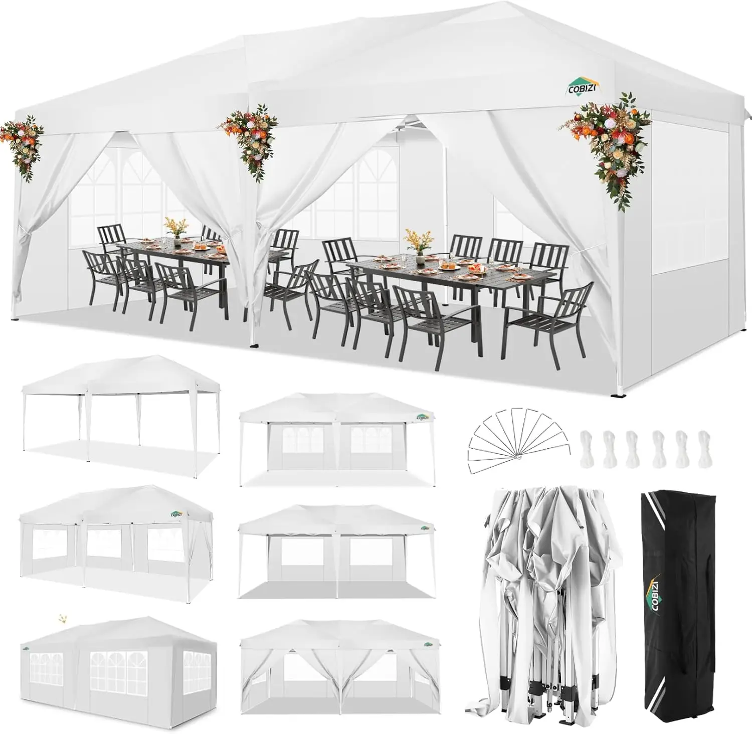 3x6m opvouwbare paviljoen waterdichte stabiele partytent met 6 zijpanelen pop-up tuinluifel 3 in hoogte verstelbaar voor strand, bruiloft