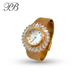 Princess Butterfly Luxury Gold Plated Stainless Steel Women Quartz Watch Zirconia Mother of Pearl Dial Jewelry Wristwatch