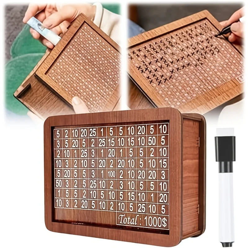 Wooden Money Saving Box, Reusable Money Box With Counter, Cash Vault Bank With Dry Erase Pen, Perfect Holiday Gift For Family