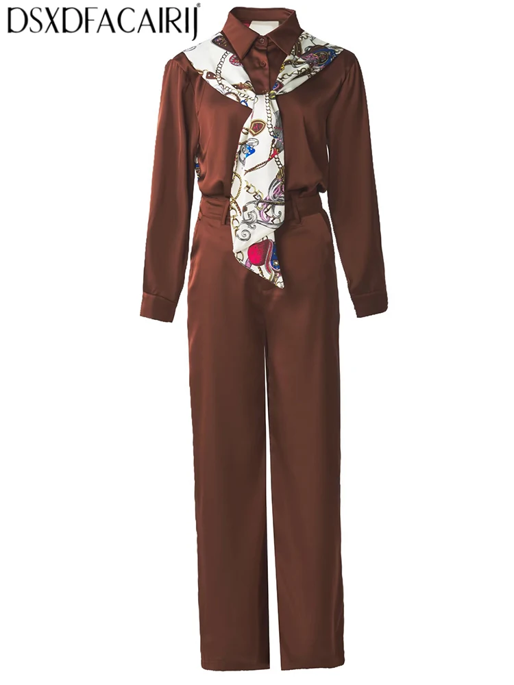 DSFACAIRIJ Women's Office Lady Lapel Long Sleeves Print Lace-Up Spring Summer Pants new model 2-Piece