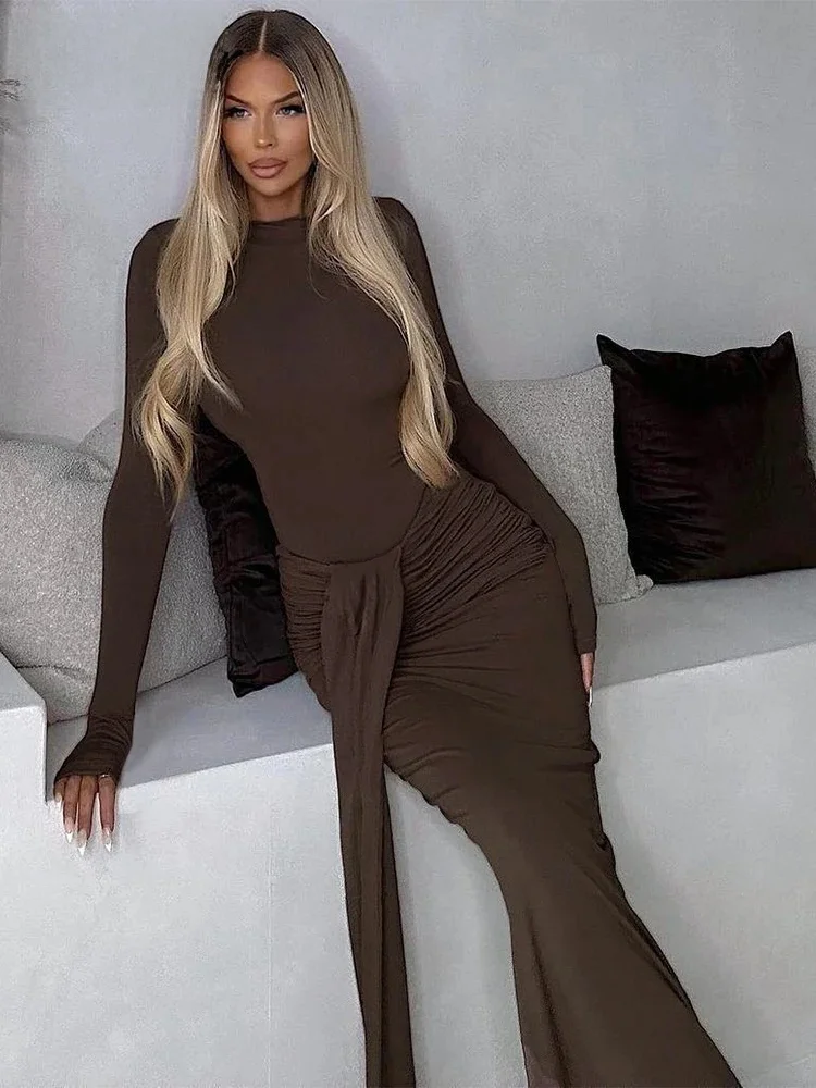 Nibber Casual elegancki damski 2-częściowy zestaw solidne body z dekoltem w kształcie litery "o" z pełnym rękawem + plisy frędzle obcisłe spódnice pasujące garnitury hipsterskie — zdjęcie 2