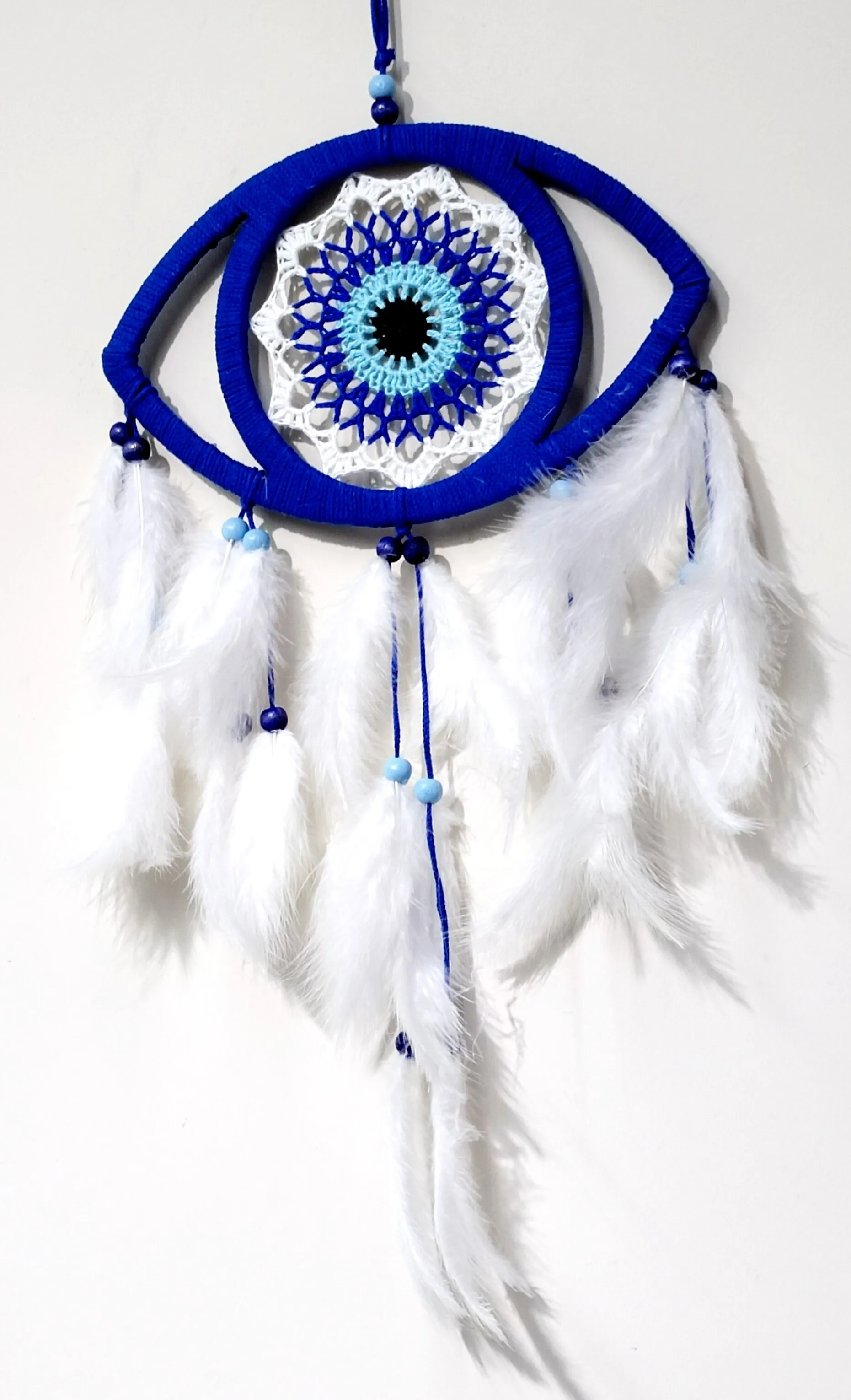 Eye Pattern Evil Eye Bead Motif Bird Feather Handmade Blue Dreamcatcher Wall Decor