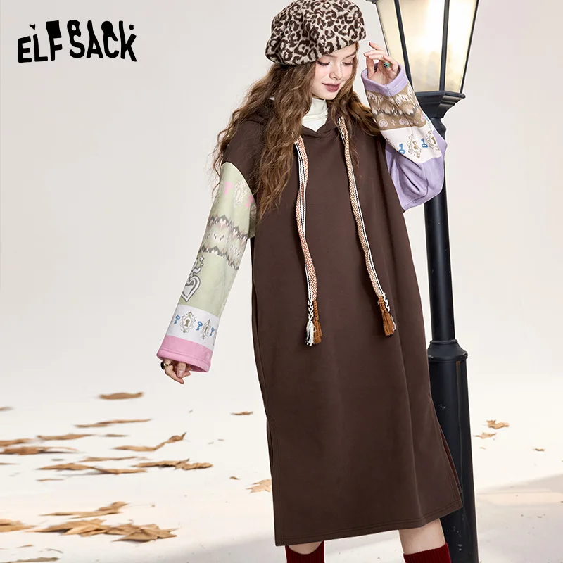 ELFSACK 2024 Winter New Arrivals Hoodie Long Sleeve Dress for women retro preppy style contrast color stitching long dress