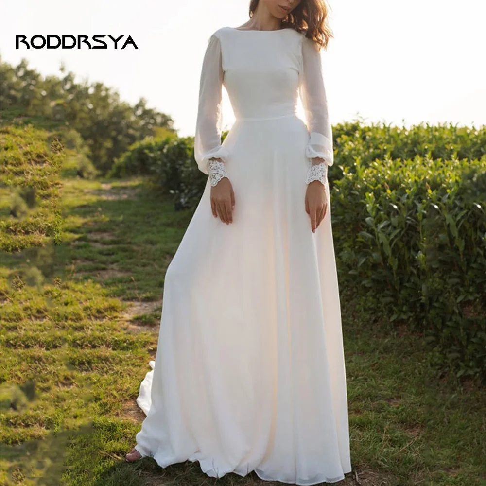 Roddresy boho vestido de casamento para a noiva elegante mangas compridas rendas chiffon praia vestidos de noiva scoop neck varredura trem robe de mariée