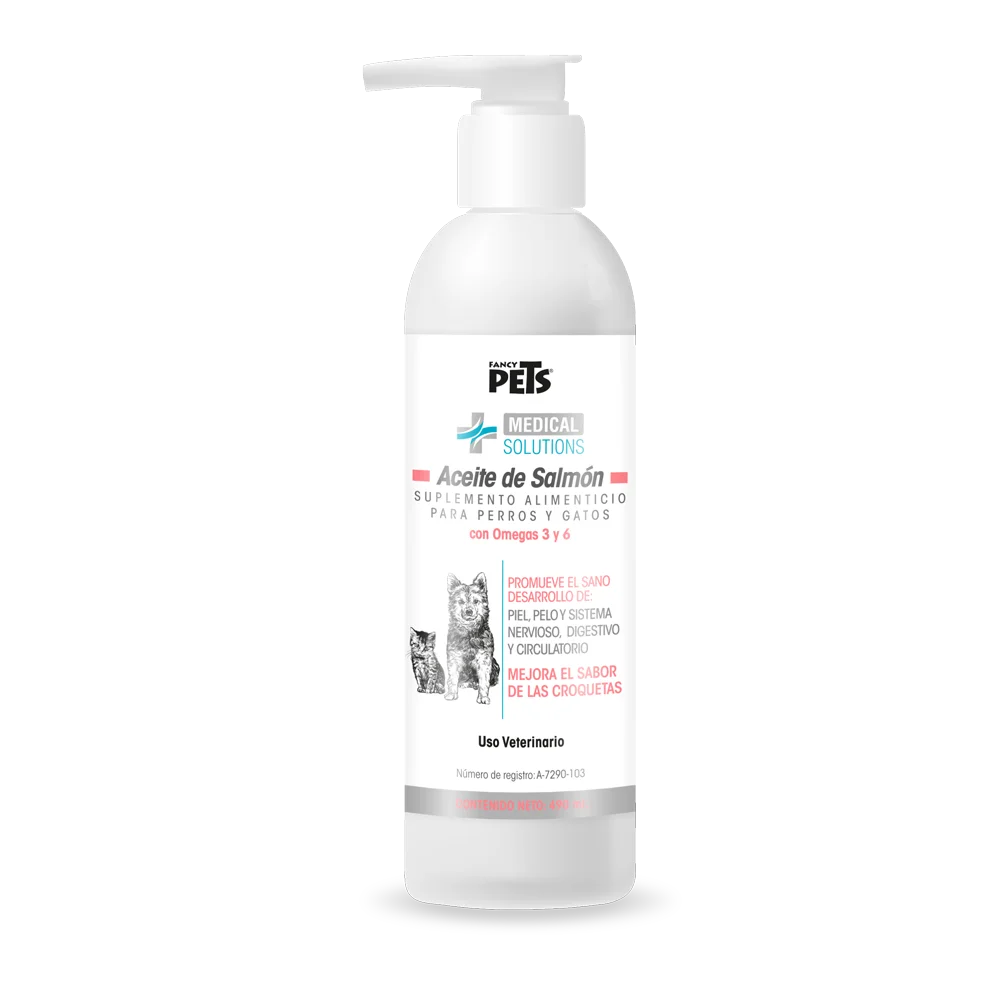Fancy Pets. MS Aceite de Salmón para Perros y Gatos 490ml con Omega 3, DHA y EPA. Promueve una Piel Sana, Pelaje Brillante, Disminuye Infecciones Cutáneas, Mejora el Funcionamiento del Sistema Digestivo