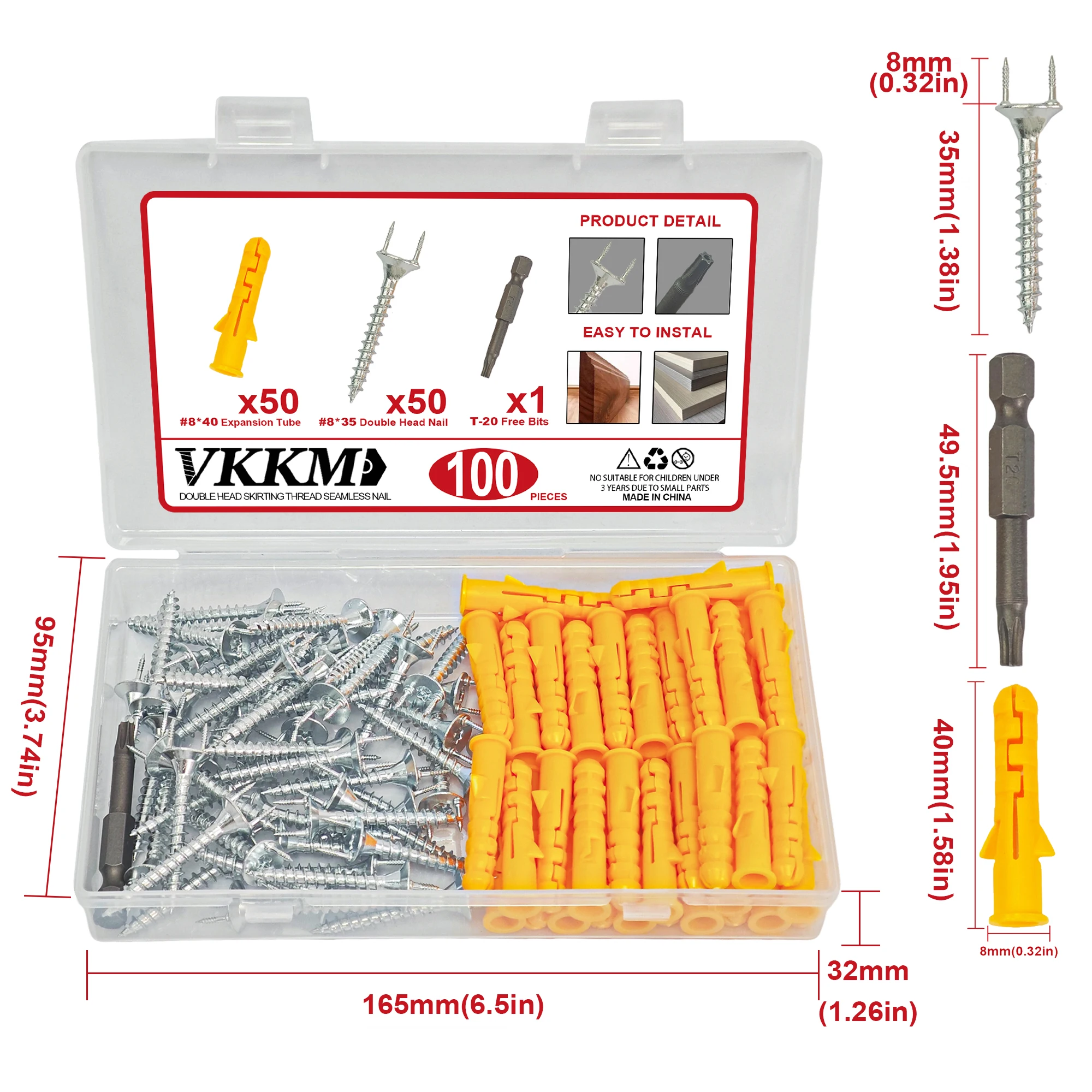 VKKM 100Pcs Skirting Board Installation Kit, #835 Double Head Seamless Horn Screws + #840 Yellow Plastic Wall Anchors + T20 Torx Bit, Galvanized No Trace Baseboard Hidden Fixing Screws Set for Wall Panel Solid Wood Molding