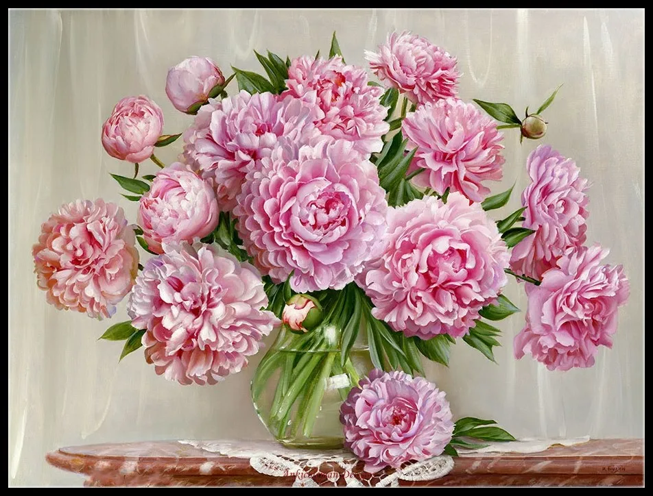 

Peonies on a Marble Table - Counted Cross Stitch Kits - DIY Handmade Needlework Embroidery 14 CT Aida Sets DMC Color