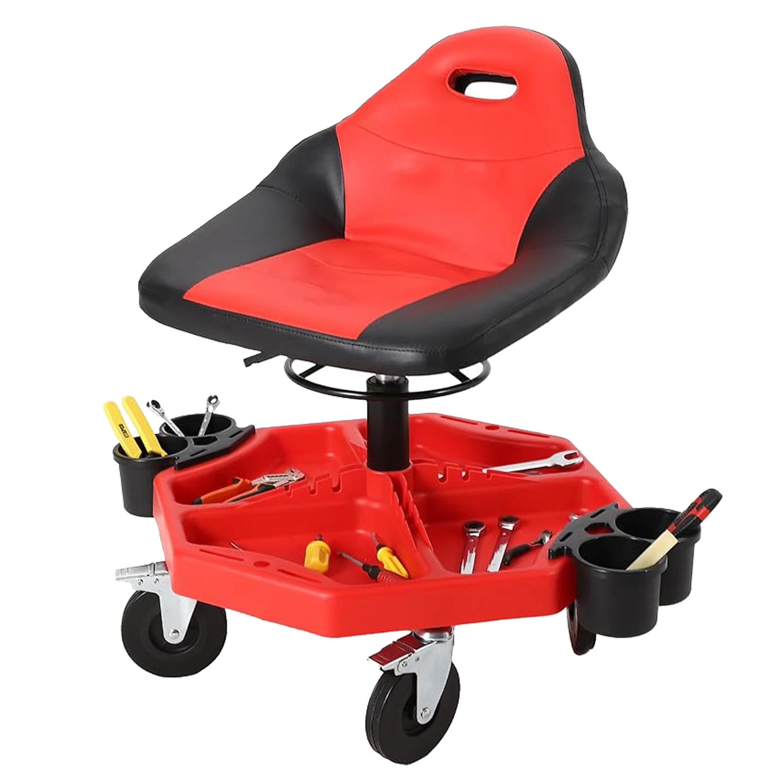 Rollbarer Mechanikerhocker, höhenverstellbarer Sitz, für Autoreparaturen in der Werkstatt |   Der ergonomisch gepolsterte Sitz bietet bequemen Langzeitsitzkomfort bei Fahrzeugwartungsarbeiten und