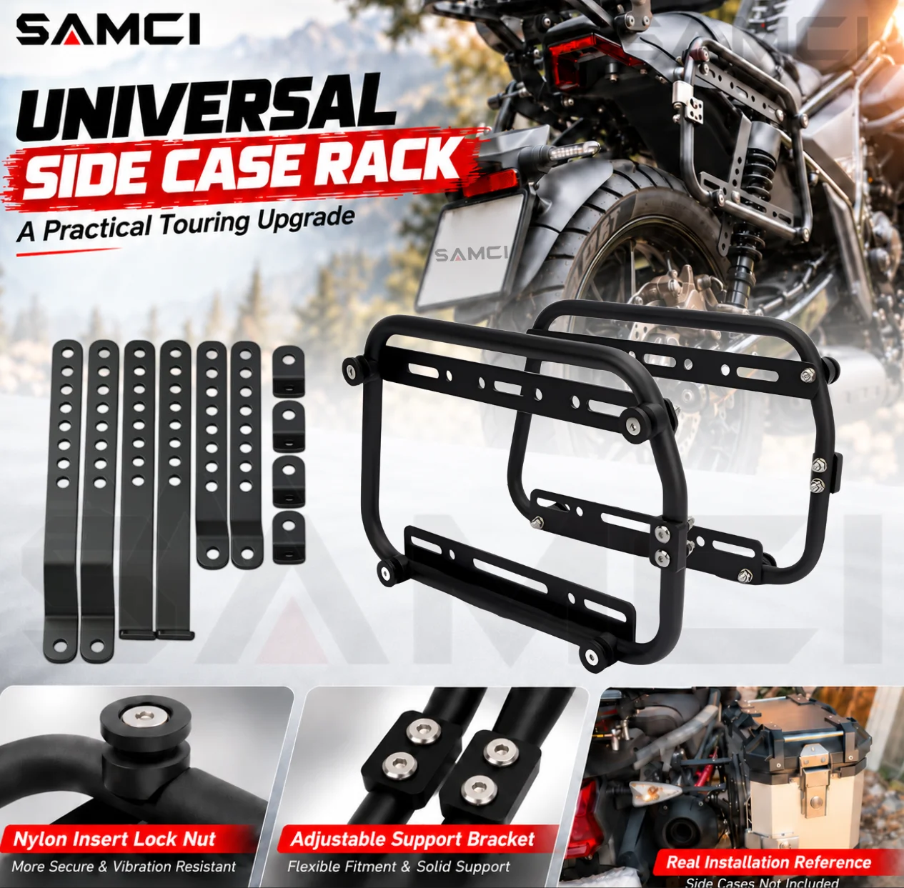 Motorcycle Side Case Rack Universal Aluminum Alloy Pannier Bracket Luggage Rack for 28L 35L Hard Case Soft Bag Adventure Touring