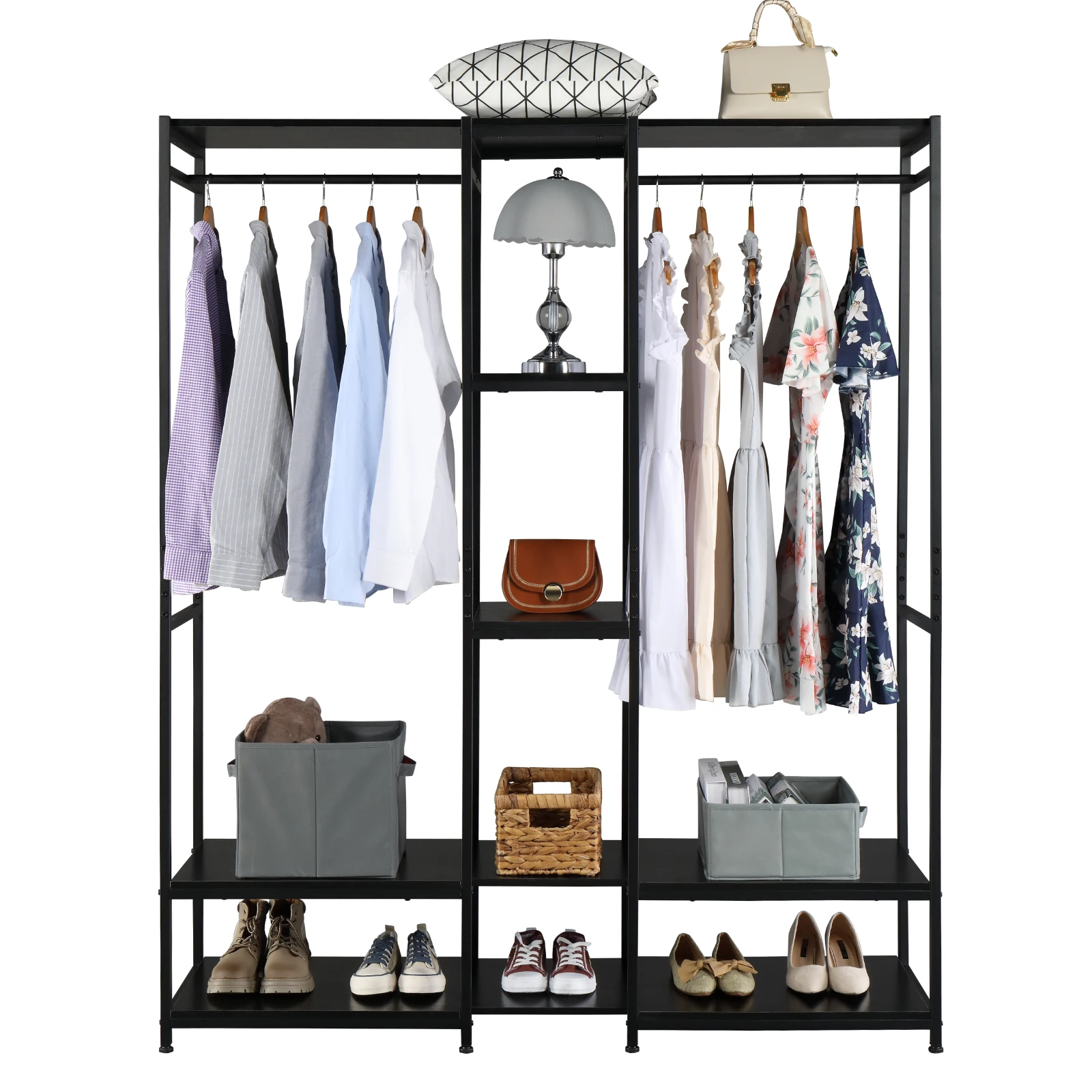 

Stand Alone Wardrobe Organizer Suspender Wardrobe Hanger & Multiple Storage Racks Heavy Metal Wardrobe Storage Hanger Black