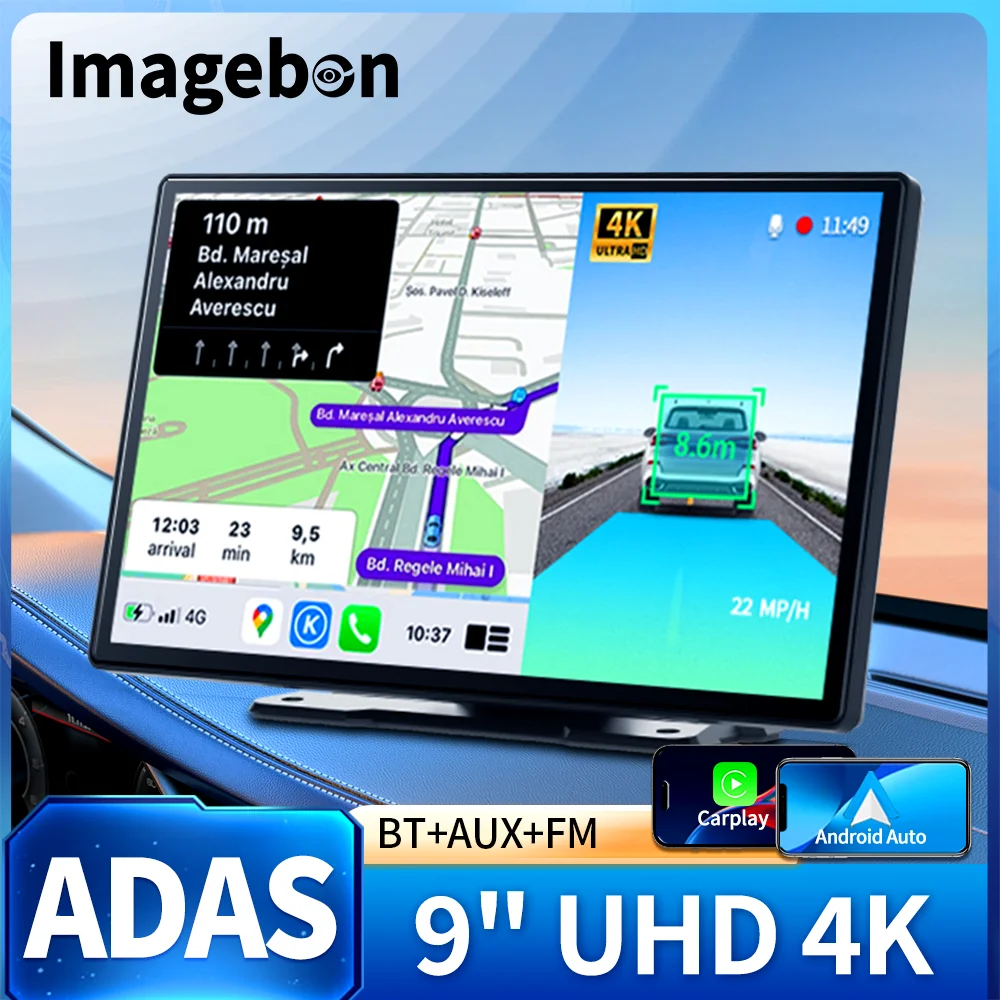 Imagebon 9'' 4K ADAS Wireless Carplay & Android Auto Dash Cam Rearview Camera 24h Park Monitor GPS Navigation Car DVR