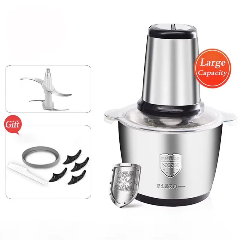 Tritacarne Elettrico 2L, Trituratore Alimentare in Acciaio Inox, Affettatrice Multifunzionale per Verdure, Processore, Frullatore da Cucina