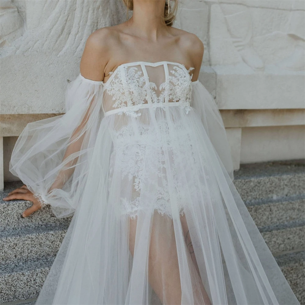 Abito da sposa personalizzato con maniche lunghe in tulle con applicazioni per matrimonio Abito da sposa sexy in pizzo da donna Night Gwons 2024