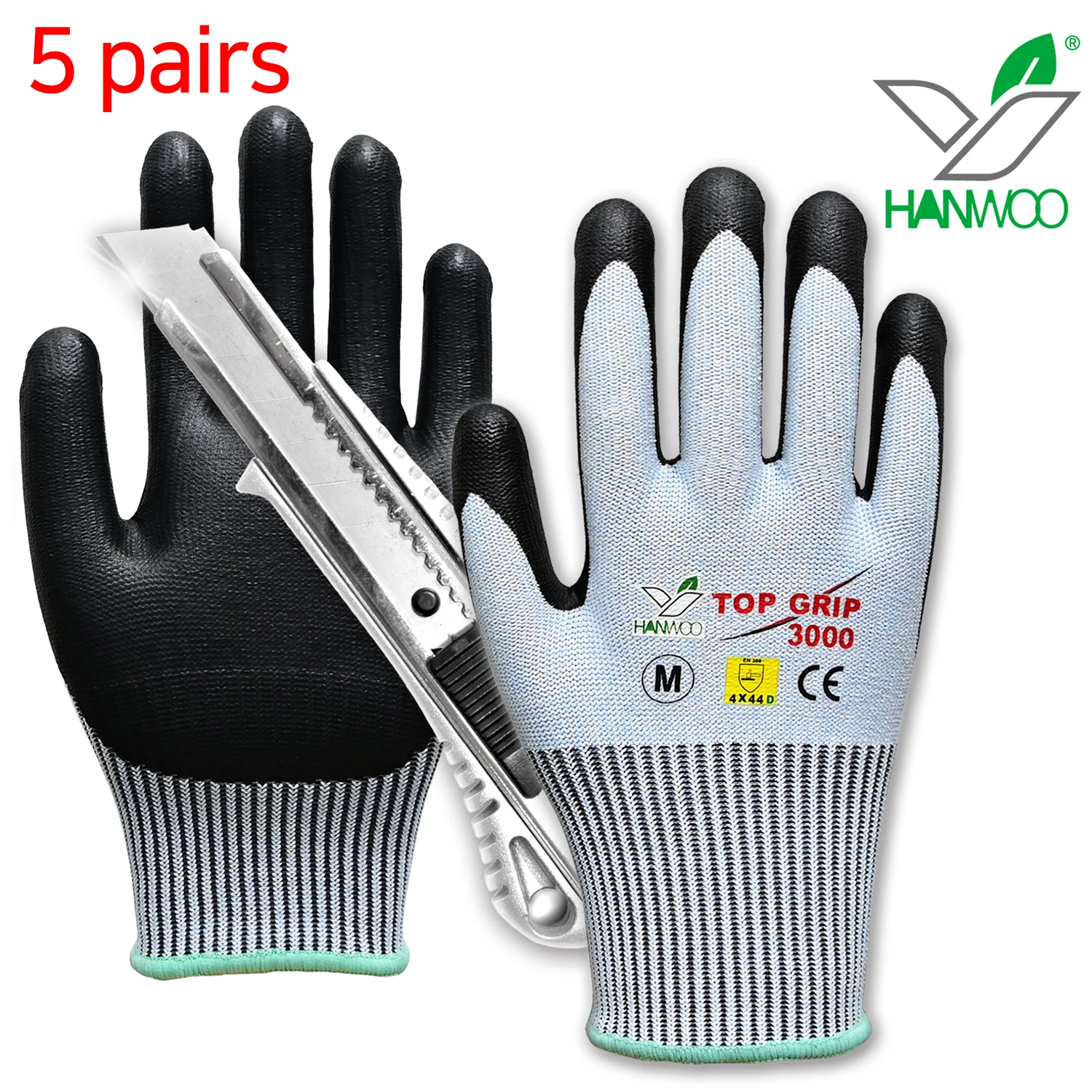 5 Pairs Hanwoo Gloves Bown Protecting Coating Gloves Top Glove with 3000 Cut-off Nocut EN388 Certiated Smart touch Safety Gloves for Work pack