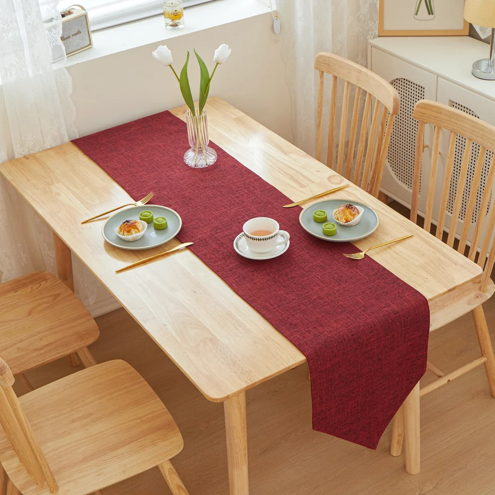 Thickened Modern Elegant Table Runner Solid Linen Printed Burgundy Color Tablecloth Decorative Large Long Dining Room Table Mat